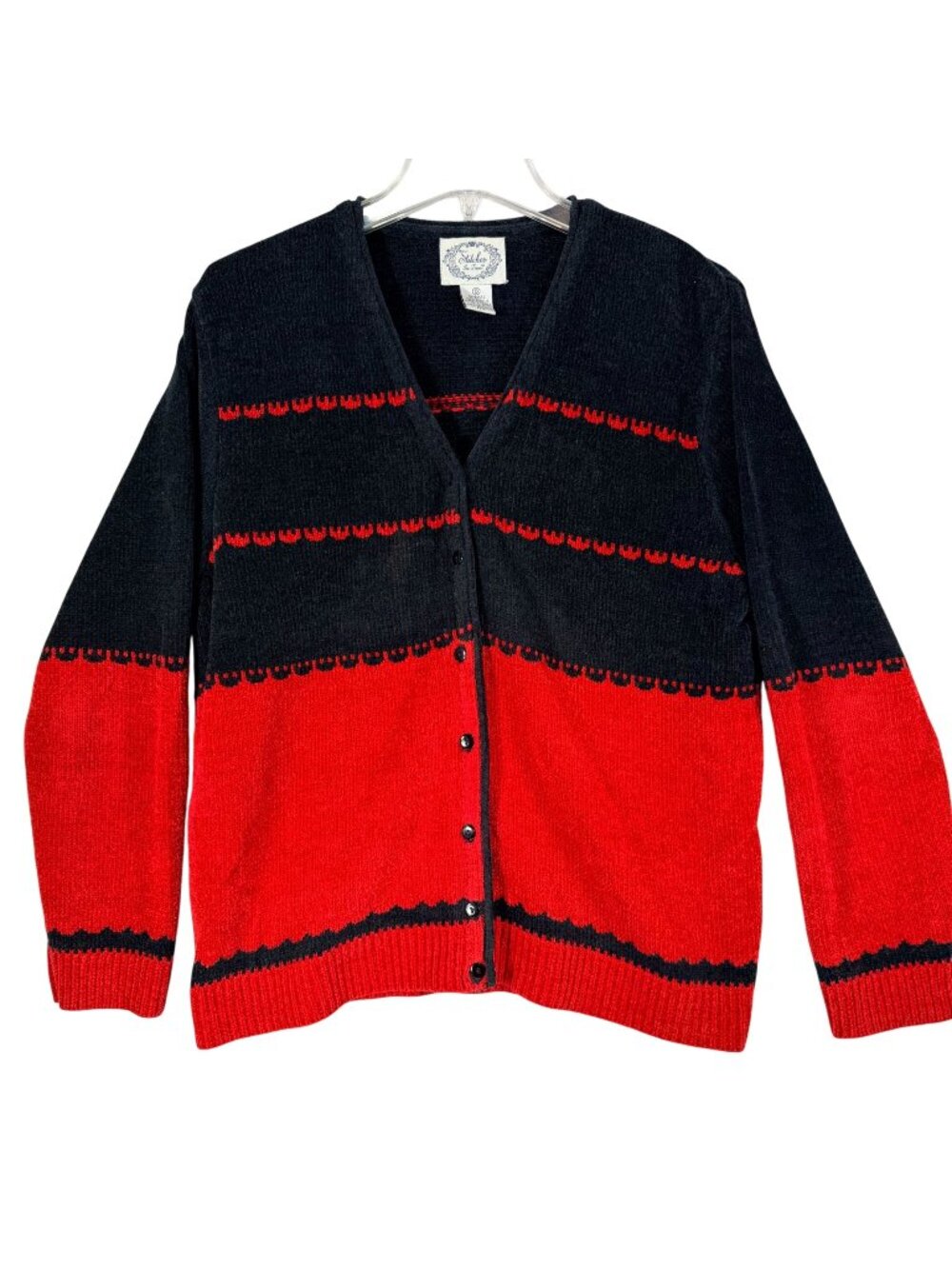 Vtg Stitches In Time Red Black Cardigan Sweater Small Acrylic Velour Button-Up
